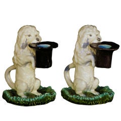 Pair of 19th Century French Majolica/Faience Dog Form  Candlestick Holders