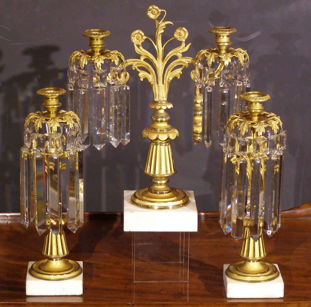 3 Piece Lustre/Candelabra Gilt Finish and Crystal Prism Set