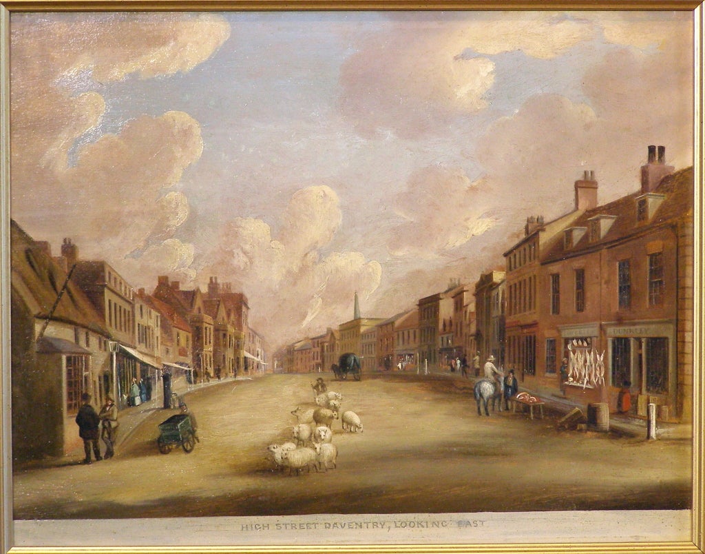 "High Street, Daventry" 19th Century English Oil Painting