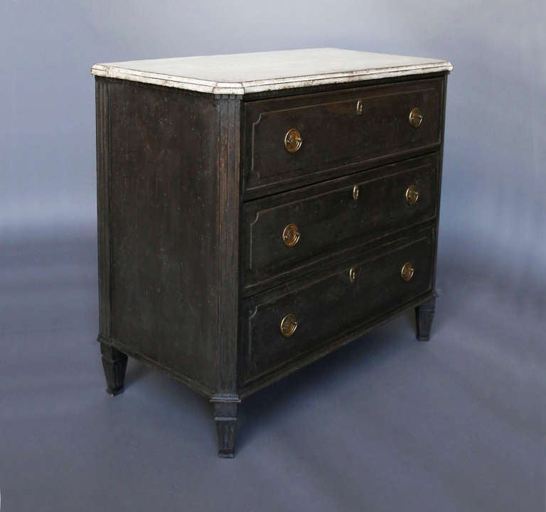 Carved Gustavian Style Chest of Drawers in Black Paint
