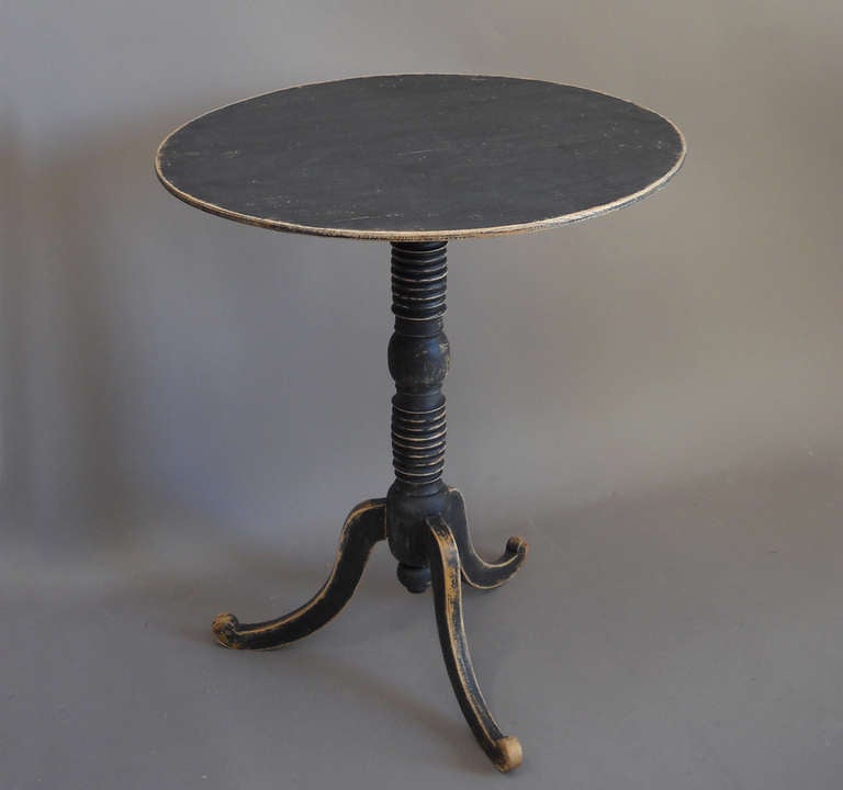 Tripod table with turned column, Sweden circa 1840. Secondary black paint.