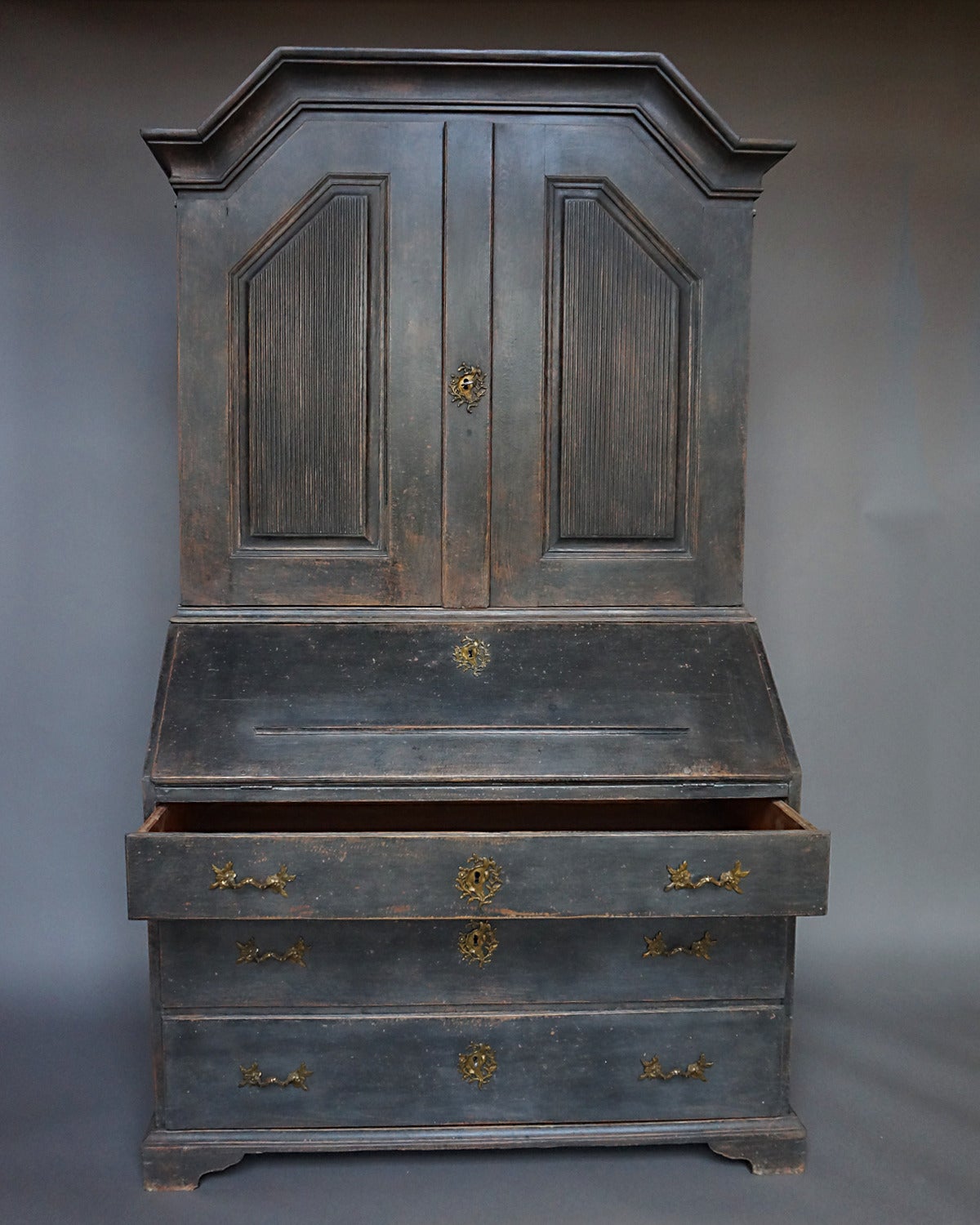 Carved Black Swedish Secretary in Two Sections