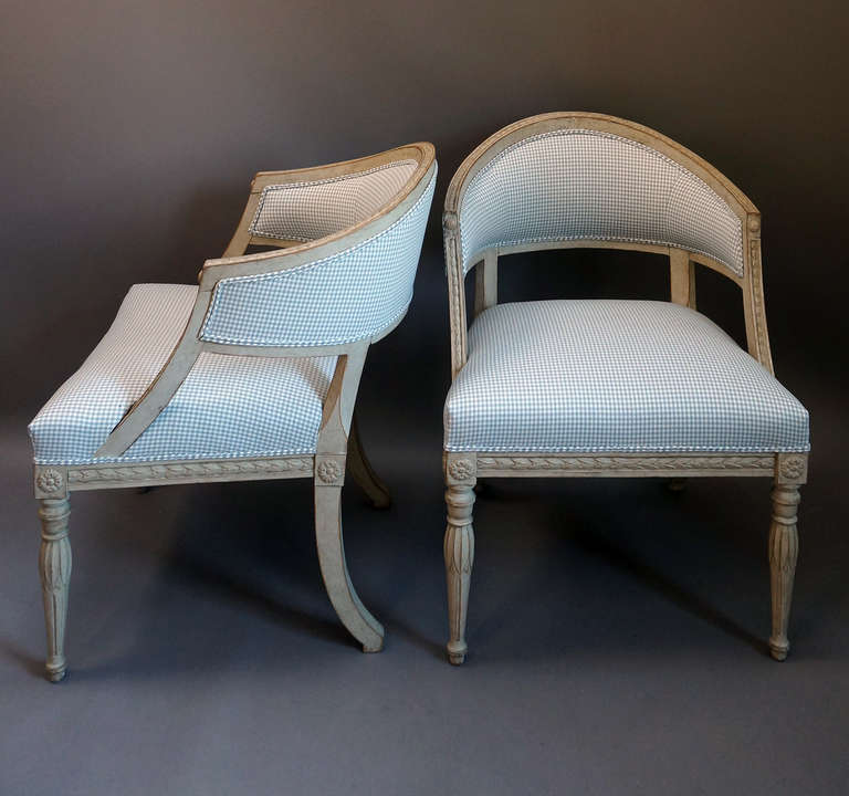 Carved Pair of Swedish Barrel Back Armchairs For Sale