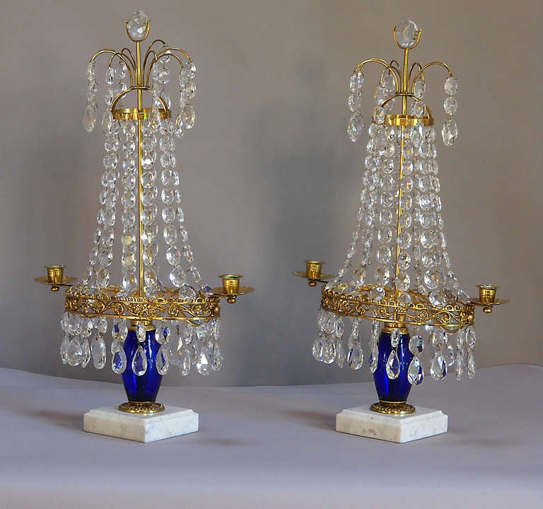 Pair of Crystal and Cobalt Girandoles