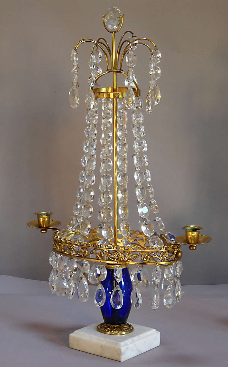 Gustavian Pair of Crystal and Cobalt Girandoles For Sale