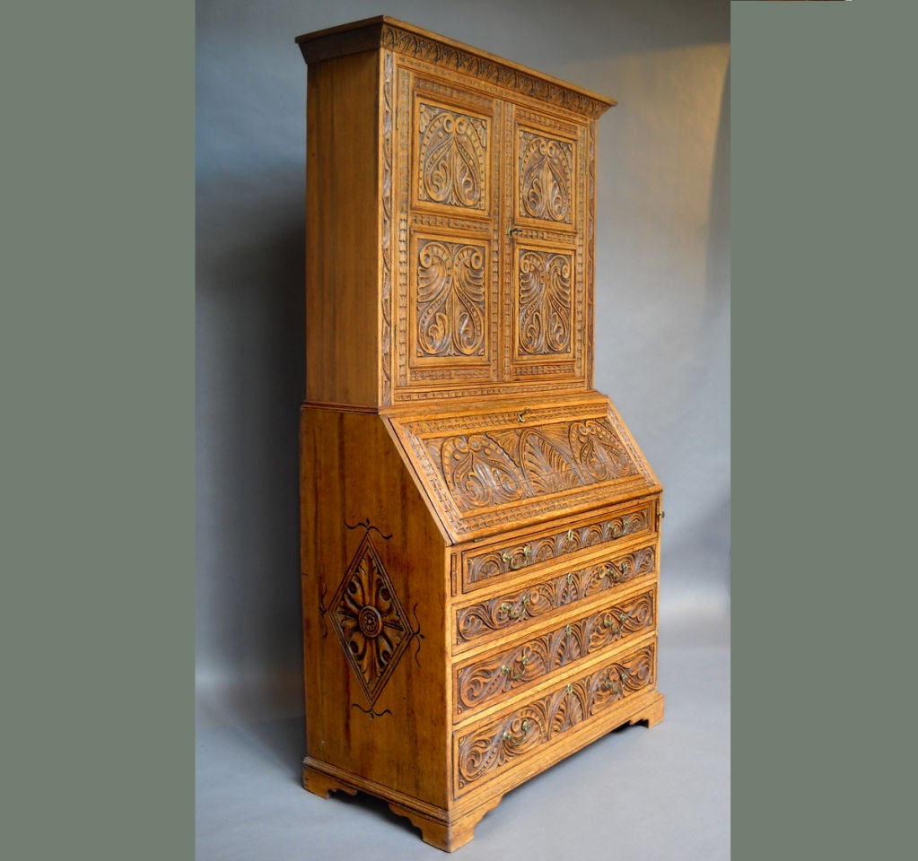 Danish Richly Carved Oak Secretary