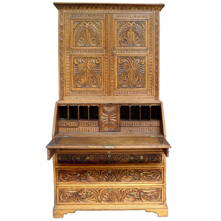 Richly Carved Oak Secretary
