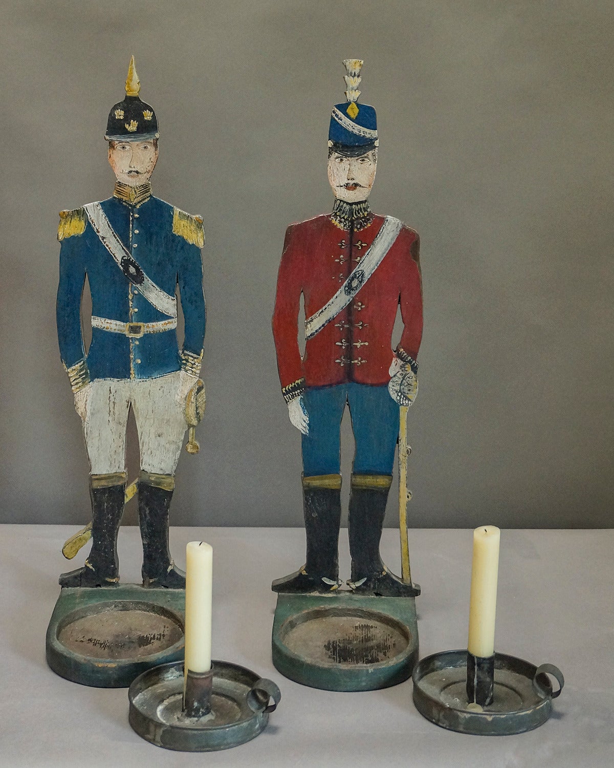 Folk Art Pair of Swedish Wooden Soldier Candle Stands