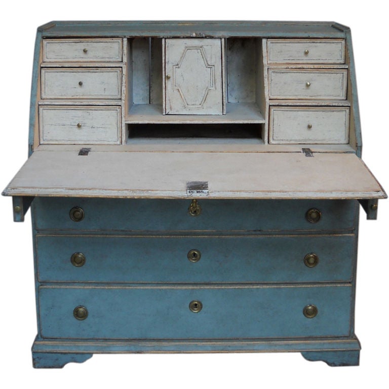 Slant Front Writing Desk in Blue Paint