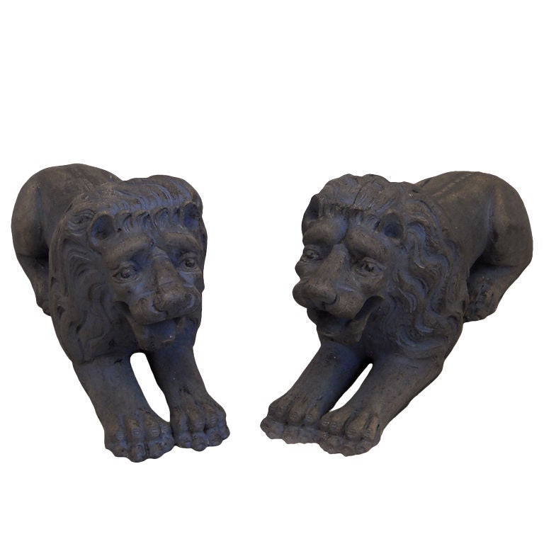 Pair of Carved Lions Couchant For Sale