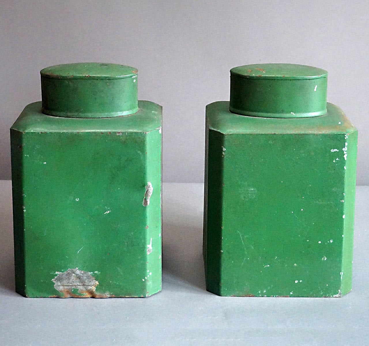 Painted Pair of Tin Tea Caddies For Sale