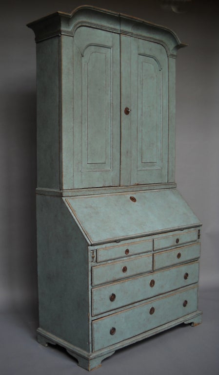 Carved Early Swedish Secretary in Blue Paint