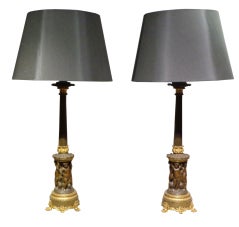 Antique A Fine Pair of Louis Philippe Patinated & Gilt Bronze Candelsticks, now as Lamps