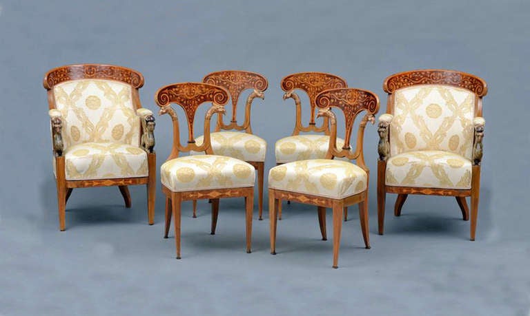 A Fine Suite of Austrian  Neoclassical Walnut & Fruitwood Marquetry Seat Furniture