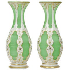 Pair of Gilt Decorated Bohemian White and Green Pear-Form Vases