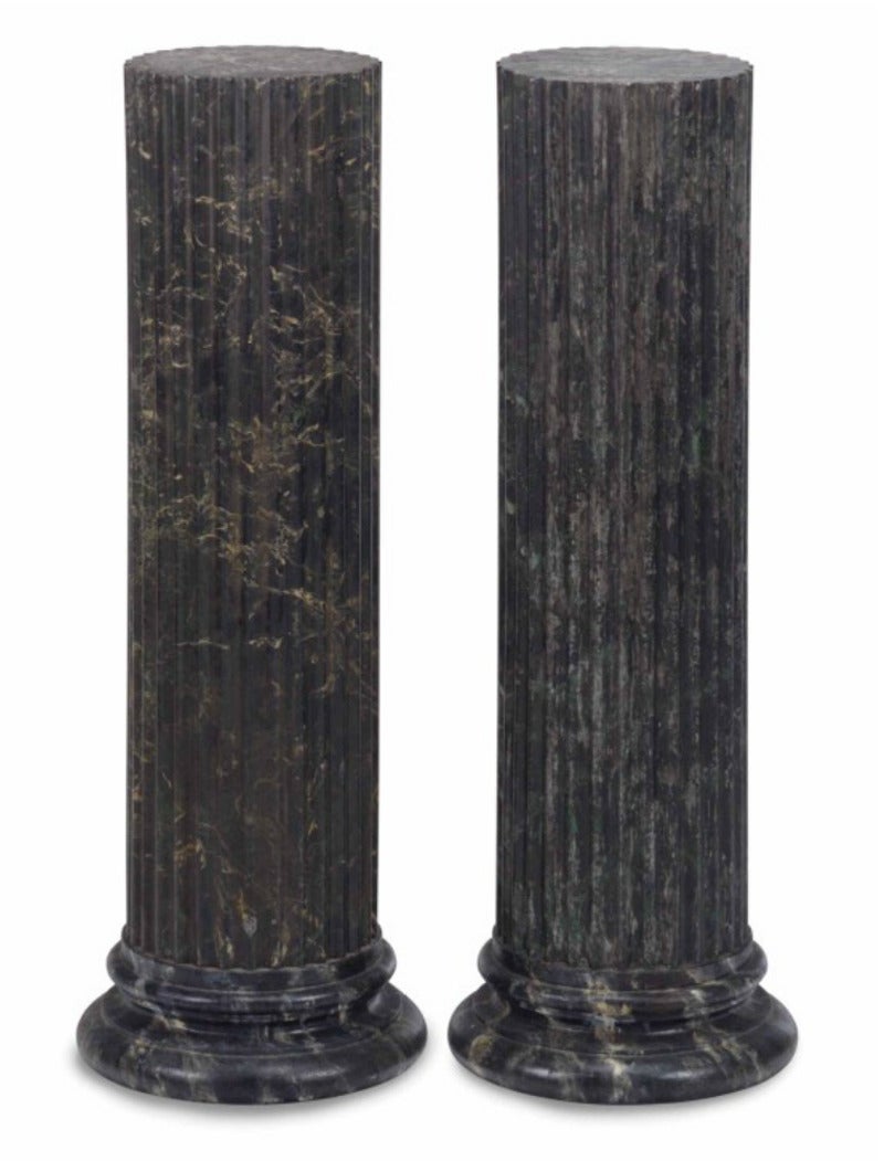 A pair of green-painted metal.
Faux marble pedestals.
Early 20th century.

Measures: Height 41 in. high, diameter 10 ¼ in.

Provenance:
Property of a Lady, New York.
Le Trianon Fine Art & Antiques.

Ped10
