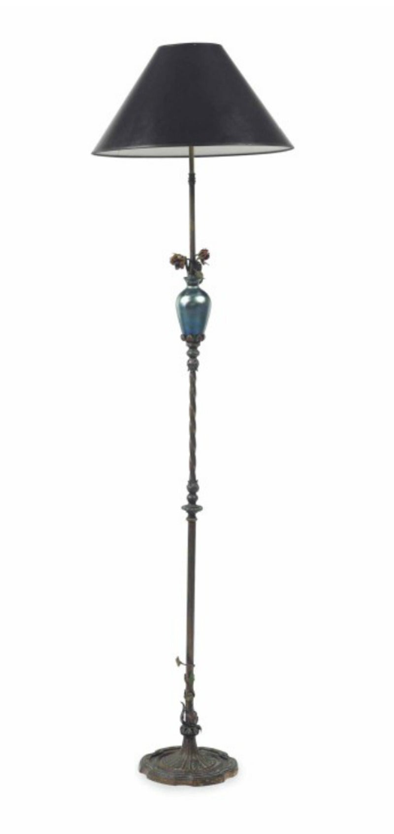 A polychrome decorated metal.
And iridescent glass-mounted floor lamp.
The glass possibly Steuben,
early 20th century.

Measure: Height 69in. 

Provenance: 
Property from the Bel air estate of Drs. Isobel & Salim Dalali.
Le Trianon Fine Art