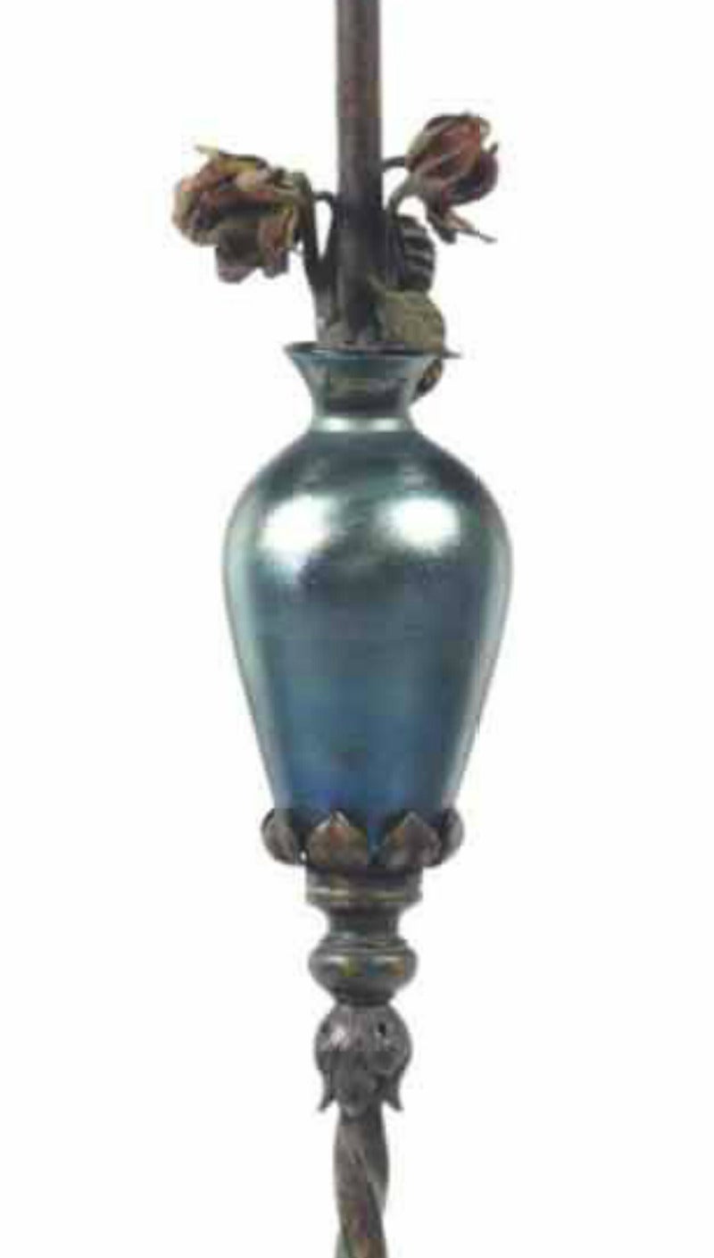 American Polychrome Decorated Metal and Glass-Mounted Floor Lamp Attributed to Steuben