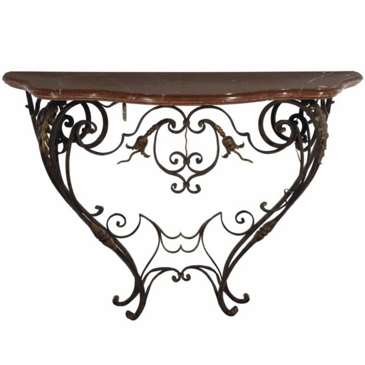 Fine French Wrought Iron and Parcel Gilt Marble Top Console Table