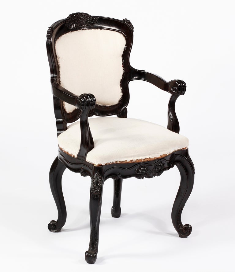 A Rare  Solid Ebony Rococo Armchair, Colonial Portuguese For Sale 2