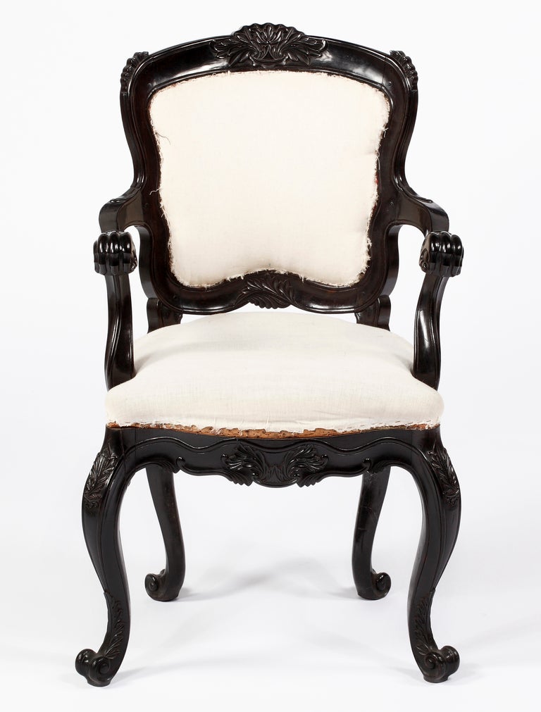 A Rare  Solid Ebony Rococo Armchair, Colonial Portuguese In Excellent Condition For Sale In Sheffield, MA