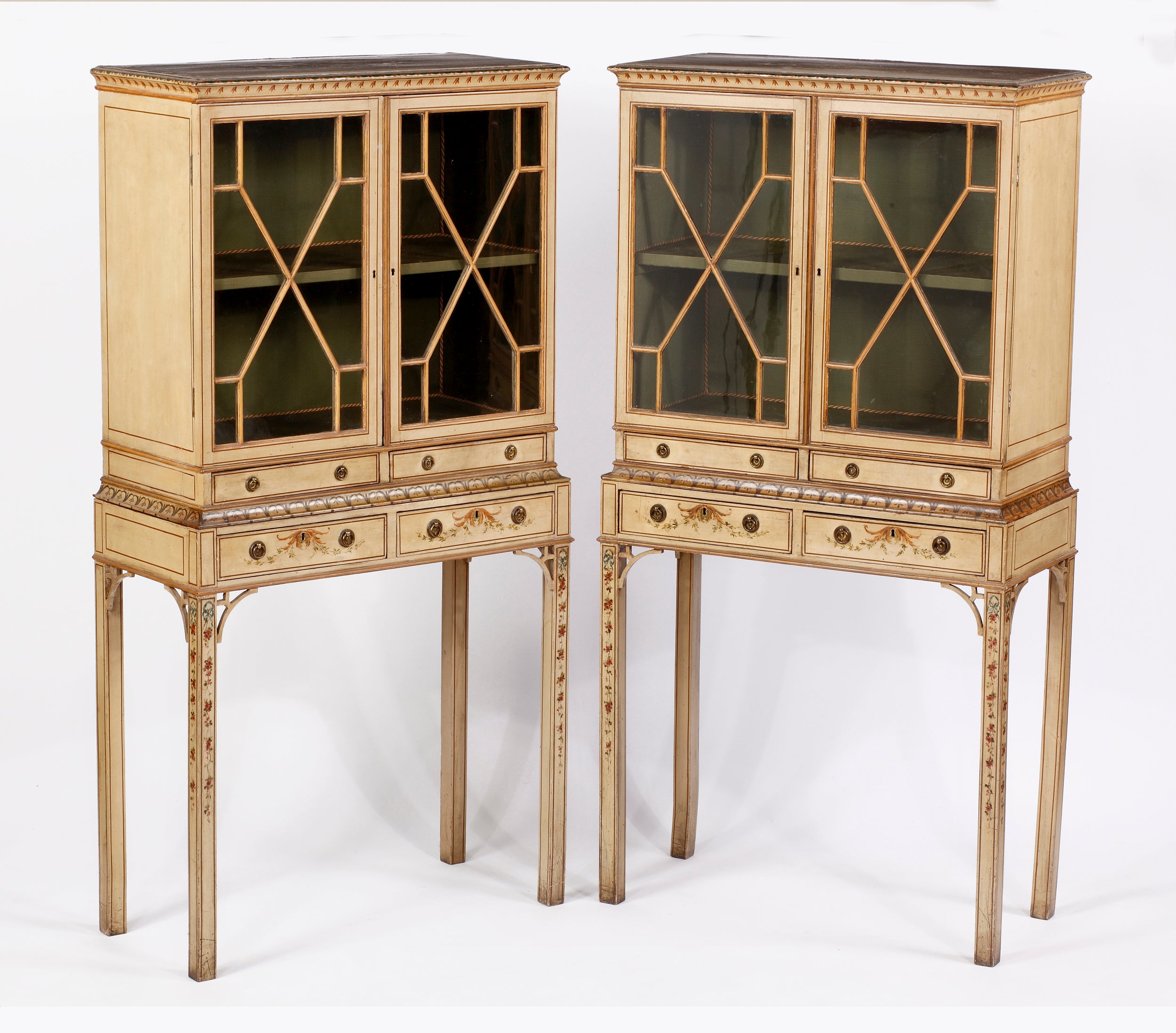 A Fine & Rare Pair of George III Painted Diminuitive Cabinets on Stands For Sale