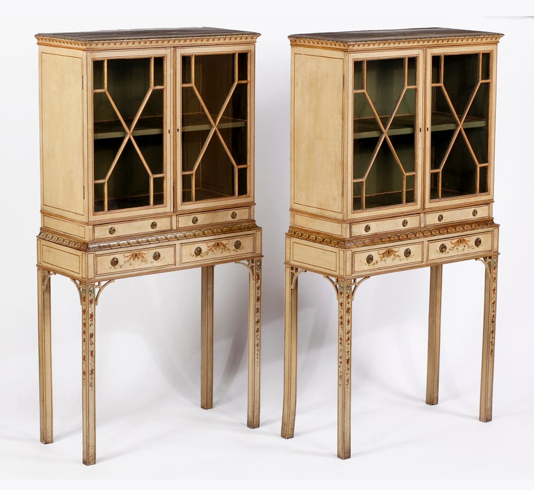 British A Fine & Rare Pair of George III Painted Diminuitive Cabinets on Stands For Sale