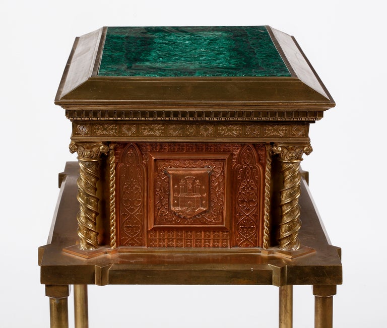 A Renaissance Revival , Copper & Brass Mounted with Malachite Top, Jewelry Box  In Excellent Condition For Sale In Sheffield, MA