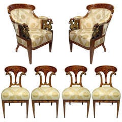 A Fine Suite of Austrian Neoclassical Walnut & Fruitwood Marquetry Seat Furniture, 19th Century