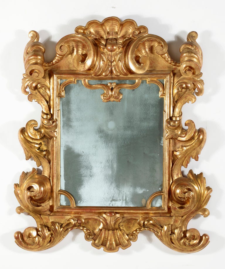 An Important 
Giltwood Mirror
Pama ,Italy
18th Century

Provenance:Private collection,PARIS
Le Trianon 

The rectangular plate surrounded by carved scrolls, 
the crest section is carved with a shell motif, as well as the lower section

Identical