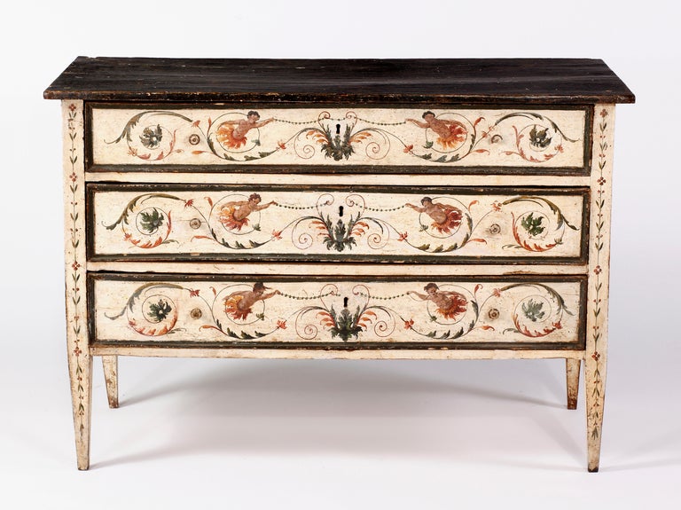 An Italian Polychrome-Painted & Faux-Marble Top Neoclassic Commode, 18th Century In Good Condition For Sale In Sheffield, MA