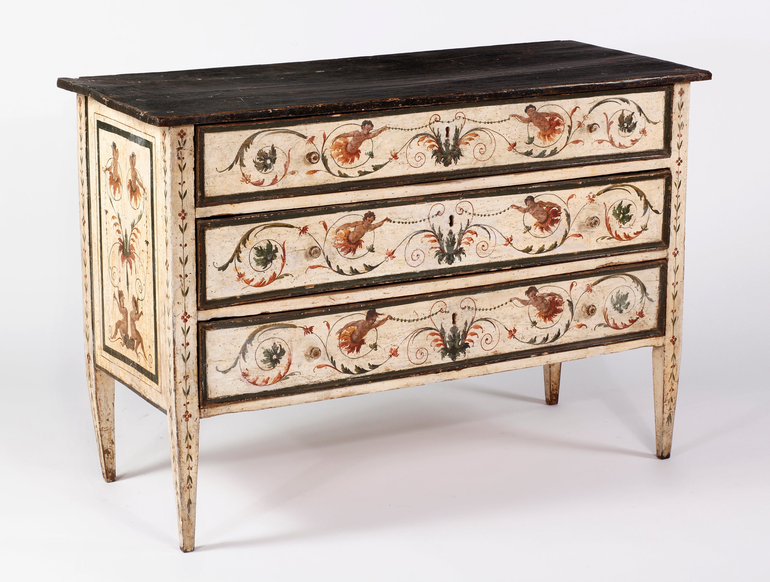 An Italian Polychrome-Painted & Faux-Marble Top Neoclassic Commode, 18th Century For Sale