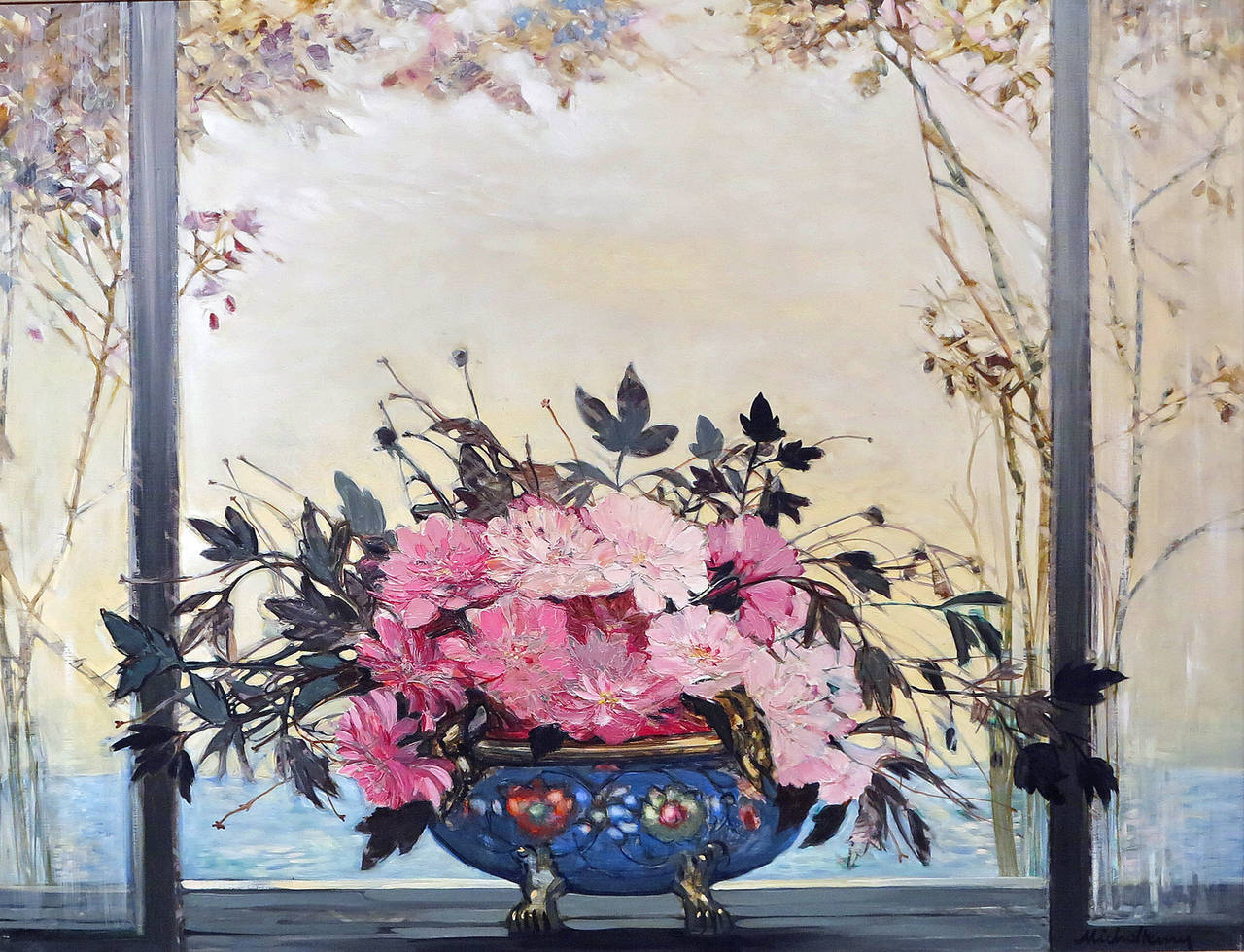 Michel Henry
French, 1928-
Bowl de Fleurs à la Fenêtre

Oil on canvas
35 by 45 in.  W/frame 41 by 51 in.
Signed lower right “Michel Henry”

Michel-Henry is acknowledged as an important painter in French contemporary art.  From 1952 his work has