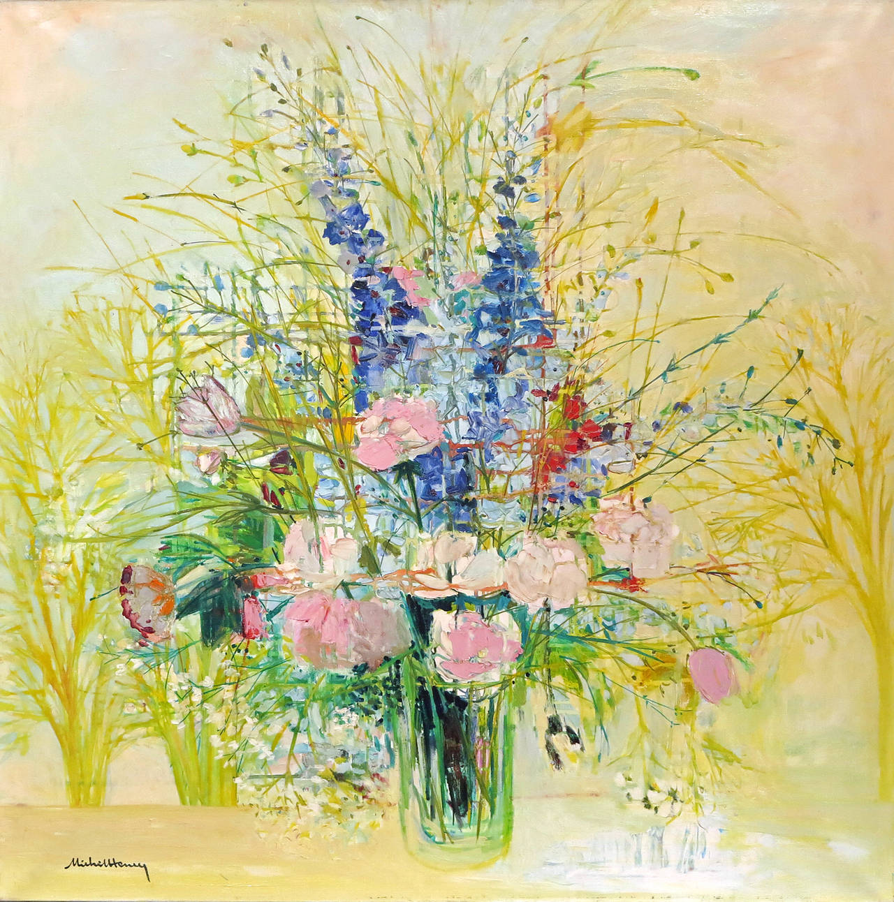 Michel Henry
French, 1928-
Vase de Fleurs 

Oil on canvas
39 ½ by 39 ½ in.  W/frame 40 ½ by 40 ½ in.
Signed lower left “Michel Henry”

Michel-Henry is acknowledged as an important painter in French contemporary art.  From 1952 his work has