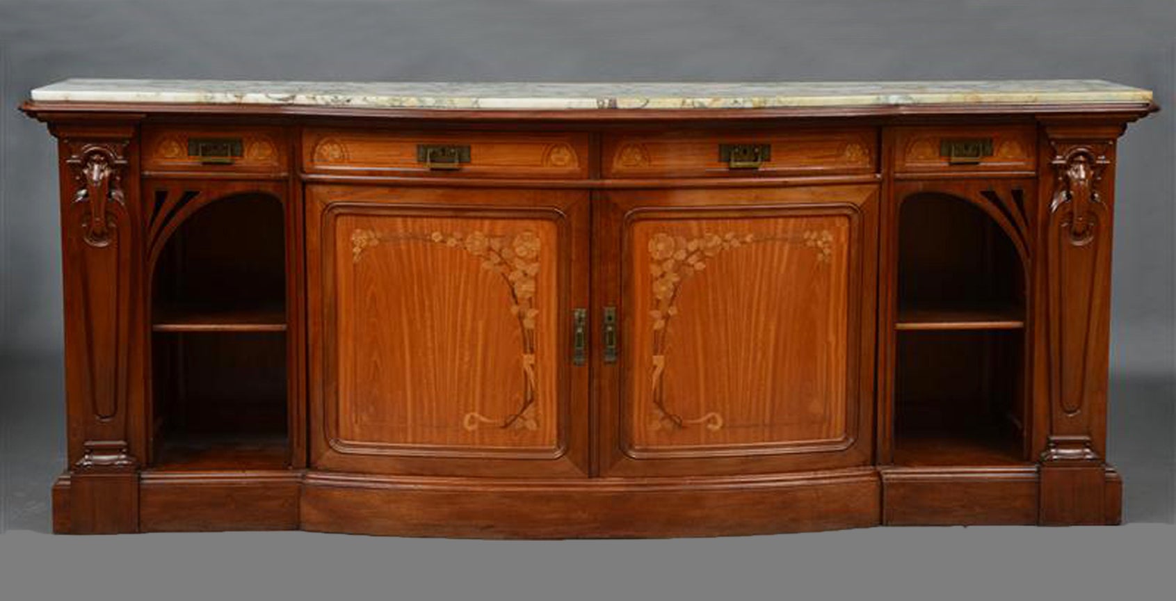 Art Nouveau Walnut, Satinwood & Fruitwood Marquetry Sideboard by Stamped Krieger