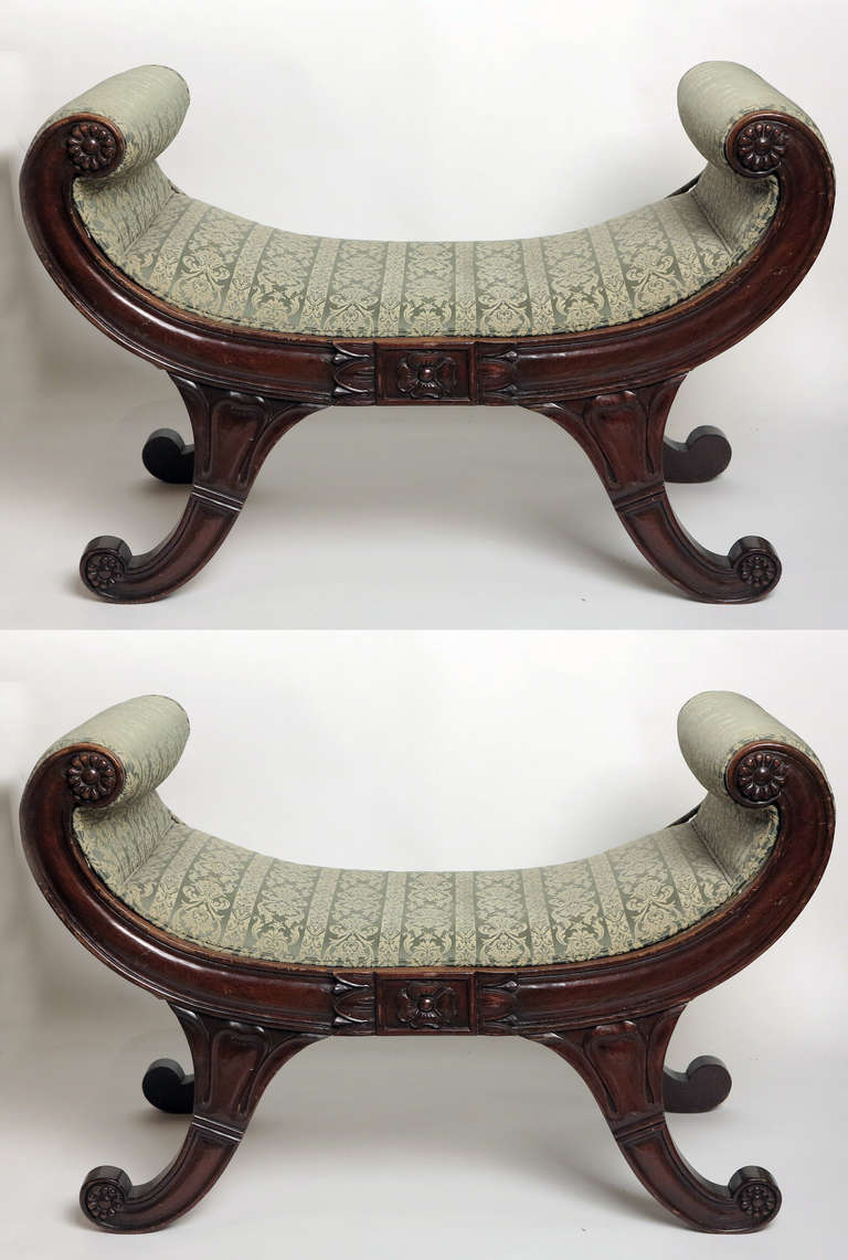 A fine and rare pair of Regency mahogany benches.
Early 19th Century

The scrolled ends with cushion-moulded rails with a central design, above saber legs ending with scrolled tips.

Height 24 in.  Width 36 in.  Depth 17