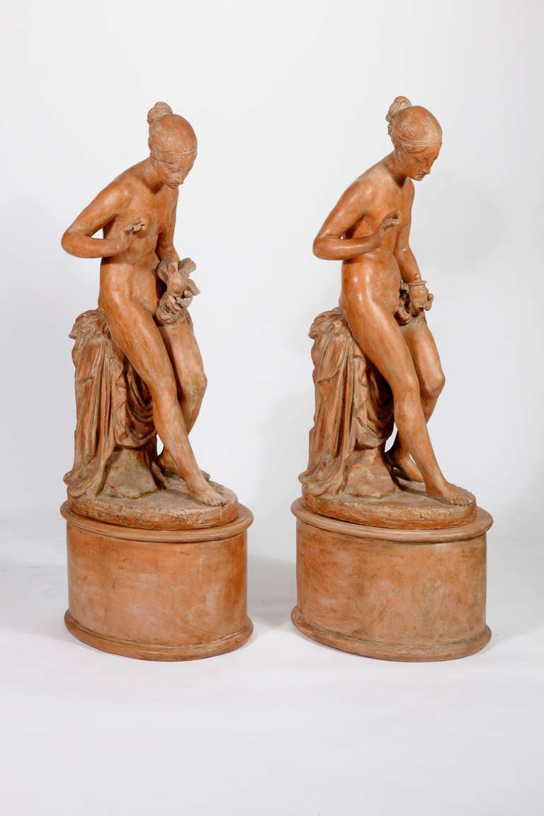 Ezio Ceccarelli
Italian, 1865-1929
Two Allegorical Figures
Circa 1890

Terracotta patina Metal
Signed on base
Total Height 63 in.

Each figure on a pedestal, one holding a dove in hand other holding an urn.  Each figure resting on a draped