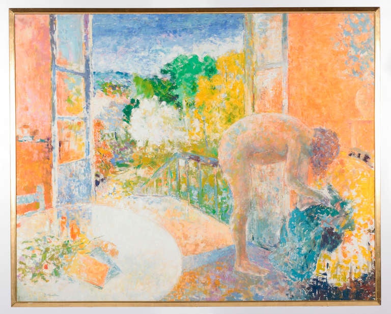 Bernard Taurelle 
French, B. 1931 – 
After the Bath

Large Oil on canvas
Signed lower left
51.5 x 64 in. W/frame 53 x 65.5 in.
Gallery and export stamps, verso.

Provenance:
Private Collection, New York
Le Trianon Fine Art &
