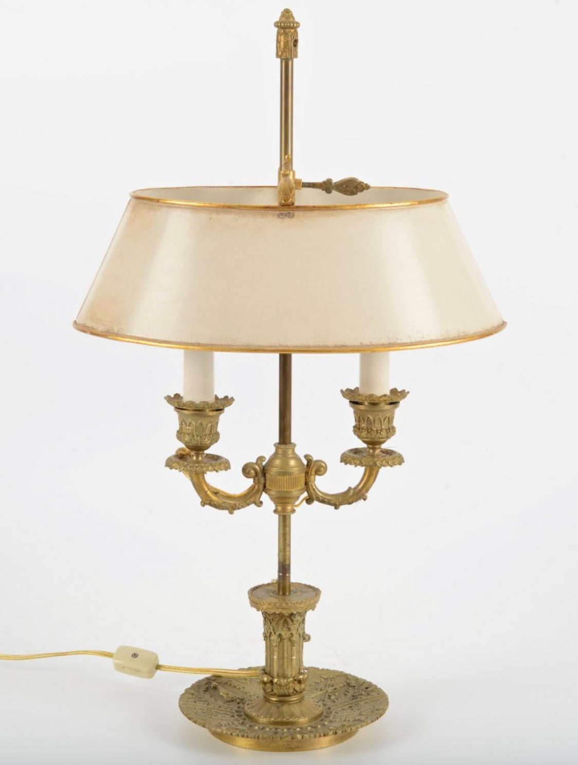 A Fine Pair of French
Gilt Bronze Bouillotte Lamps
19th Century

With white tole shades

Height 21in.  Width 13 in.  Depth 9 in.

Provenance:
Private Collection, New York
Le Trianon Fine Art & Antiques, Sheffield, Ma.

Lamp64
