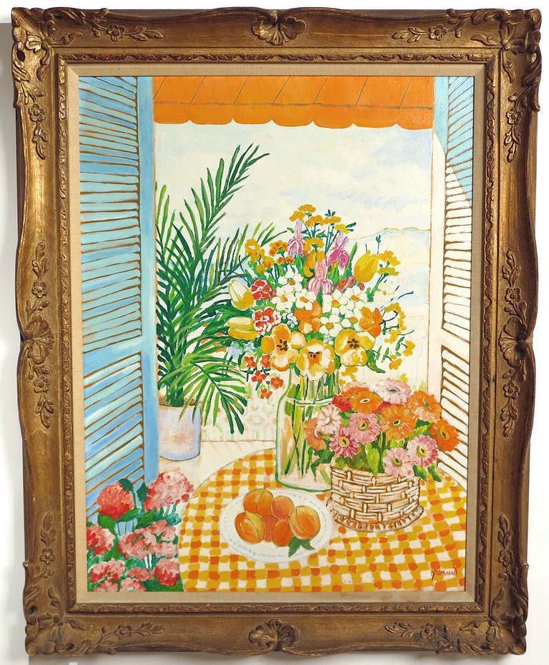 William Grimaud 
Scottish, 1942-
Still Life at the Window

Oil on canvas
40 by 30 in.  W/frame 49 by 39 in.

Grimaud studied at a variety of prestigious schools including the University of Edinburgh, the Slade School in London, the Sorbonne