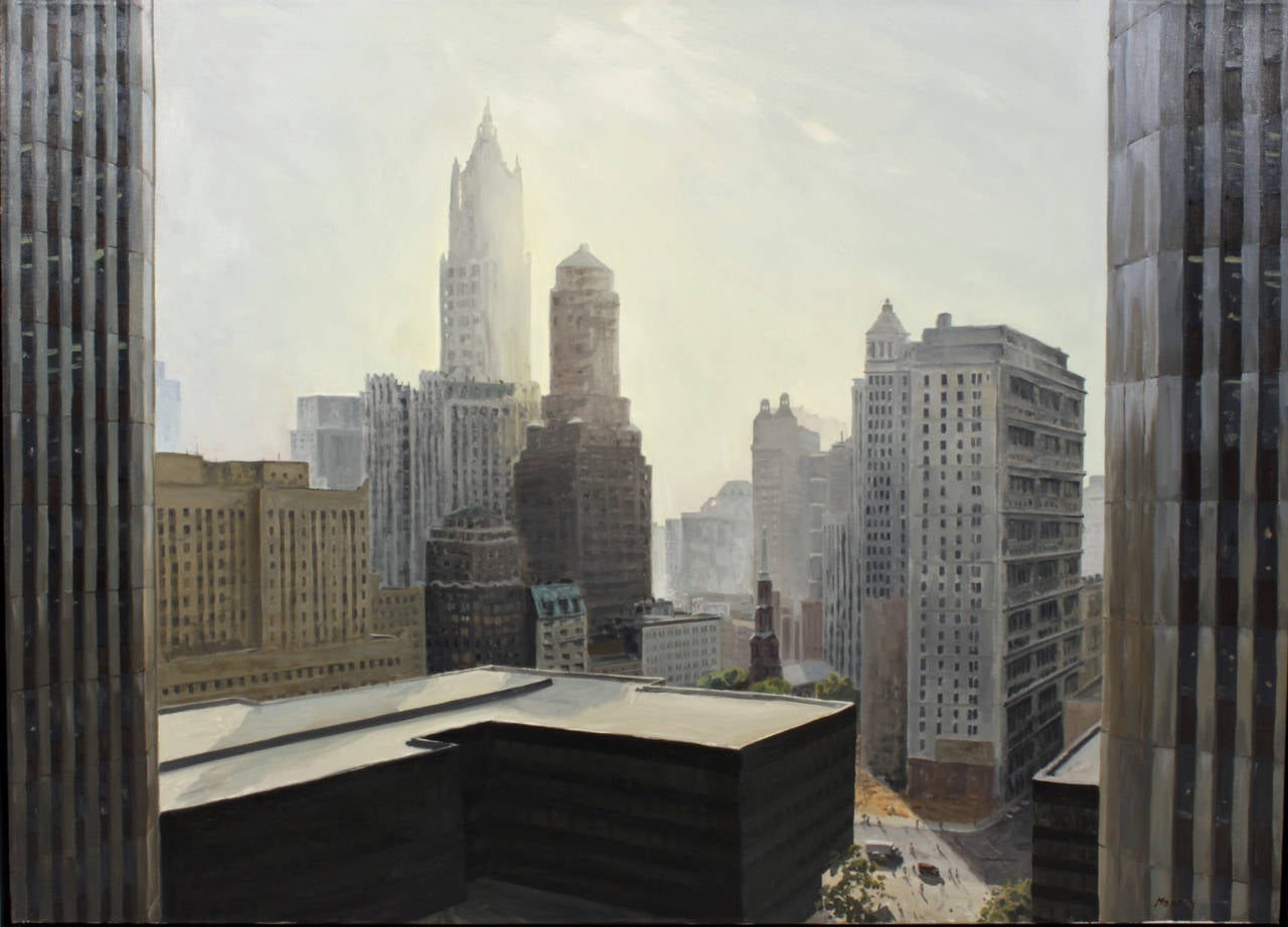 Daniel Morper
American, b. 1944
Lower Manhattan, St. Pauls,
Woolworth Building & City Hall, NY 

Oil on canvas, signed on recto at lower right 
36 in. by  50 in. W/frame 38 in. by  52 in.

Landscape painter Daniel Morper is known for his