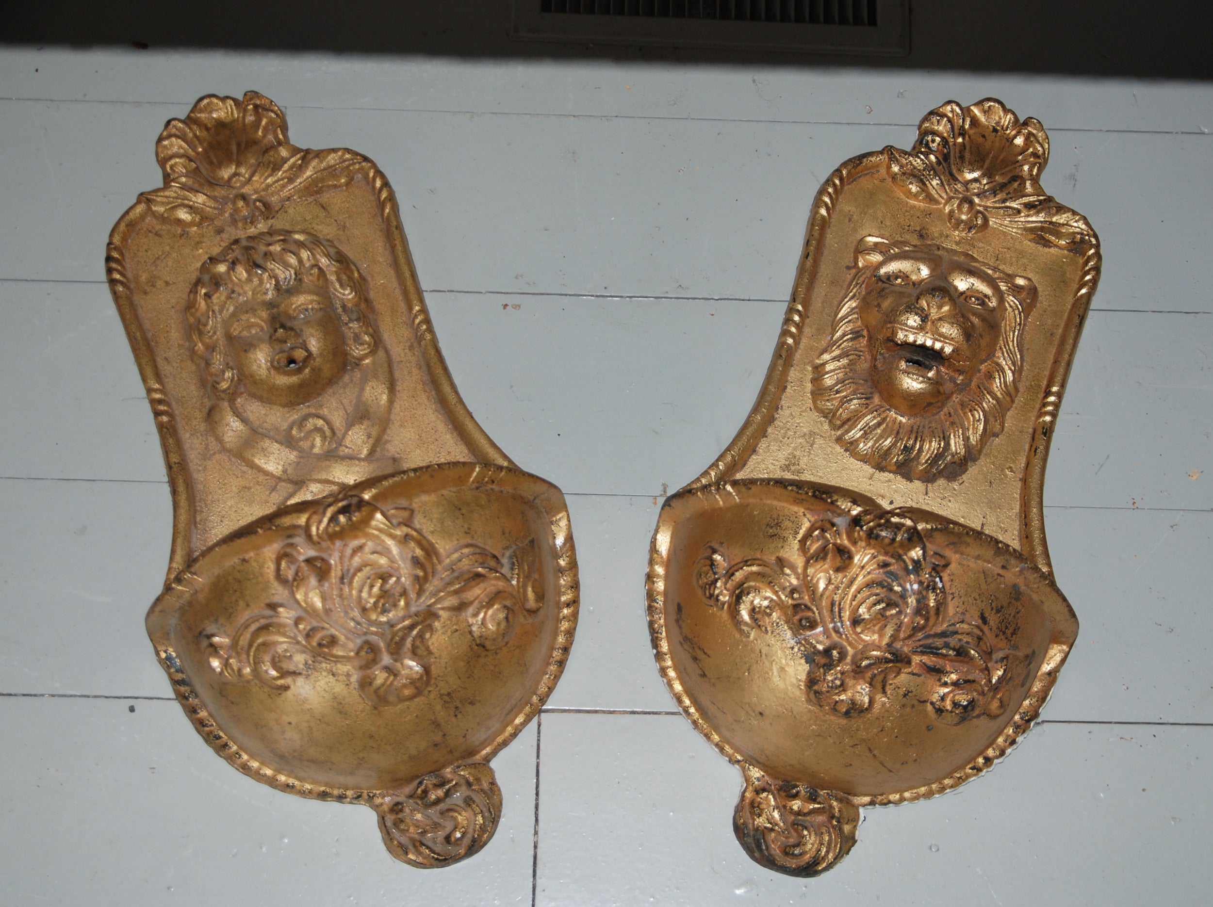 Pair of Gilt Cast Iron Wall Fountains /Planters, 19th Century For Sale
