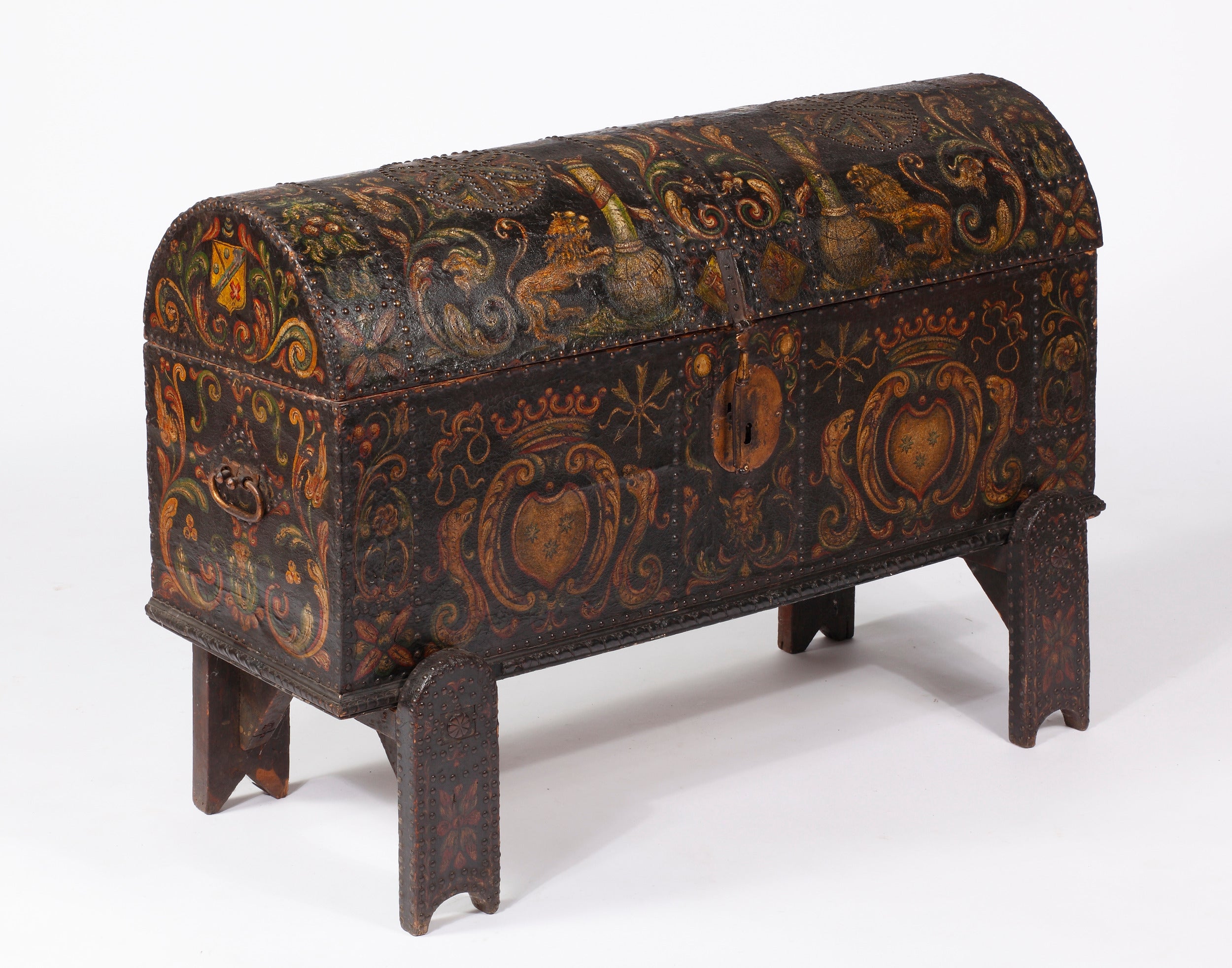  Early English Dome Trunk with painted leather & brass mounted, on stand 18thC 