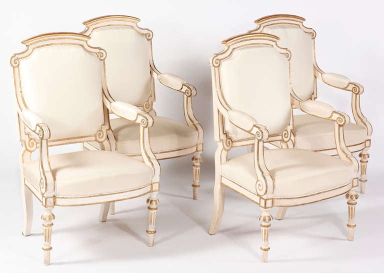 A Set of Eight Italian 
Painted & Parcel Gilt Fauteuils
Circa 1830

Upholstered in white silk

Height 42 in.  Width 25 in.  Depth 22 in.  Seat Height 18 in.

Provenance:
Private Collection, Nice France

Cha 18