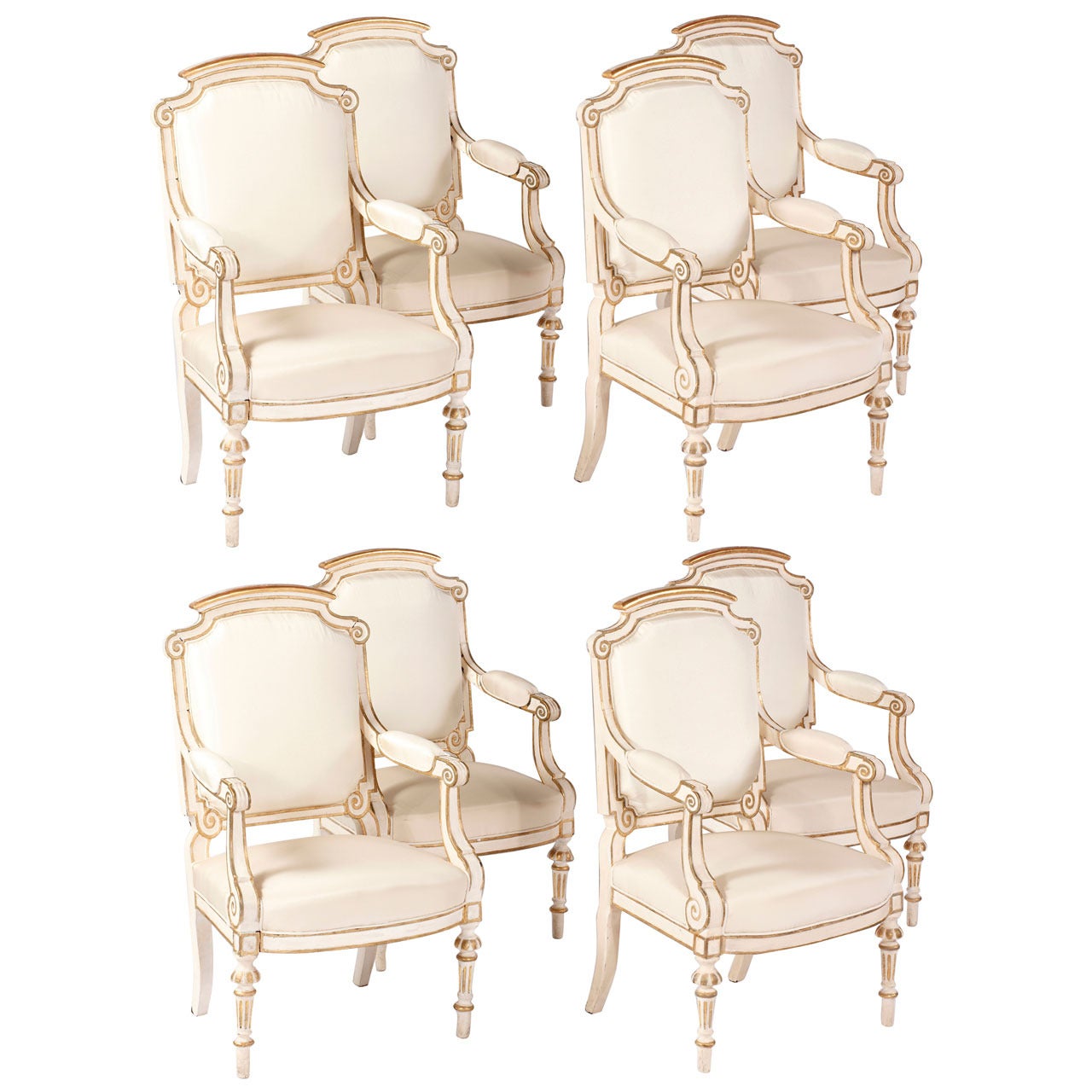 A Set of Eight Italian  Painted & Parcel Gilt Fauteuils, Early 19th Century For Sale