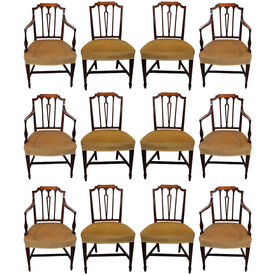 Fine Set of 12 Sheraton Satinwood-Inlaid Mahogany Dining Chairs, circa 1790
