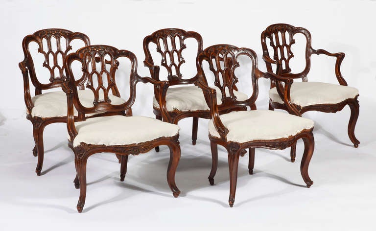 A Extremely Rare Set of Five Portuguese Armchairs 
Mid 18th Century

Same chair is in the National Museum of Antiques Art, in Lisbon
Reference: “World Furniture”, by Helena Hayward, pg. 162

Height 30 in. Width: 23 in. Depth 18 in. 

Cha 34