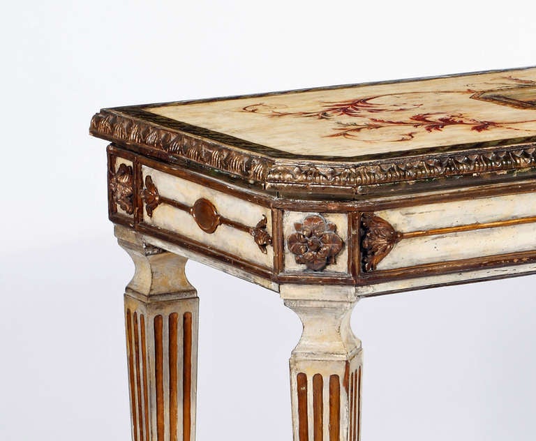 An Italian Piedmontese Neoclassical 
Painted & Parcel Gilt Console
18th/Early 19th Century

Height 35 ½in.   Width 49in.   Depth 22in.

Provenance: 
Property of a Lady, Greenwich CT.

Con19