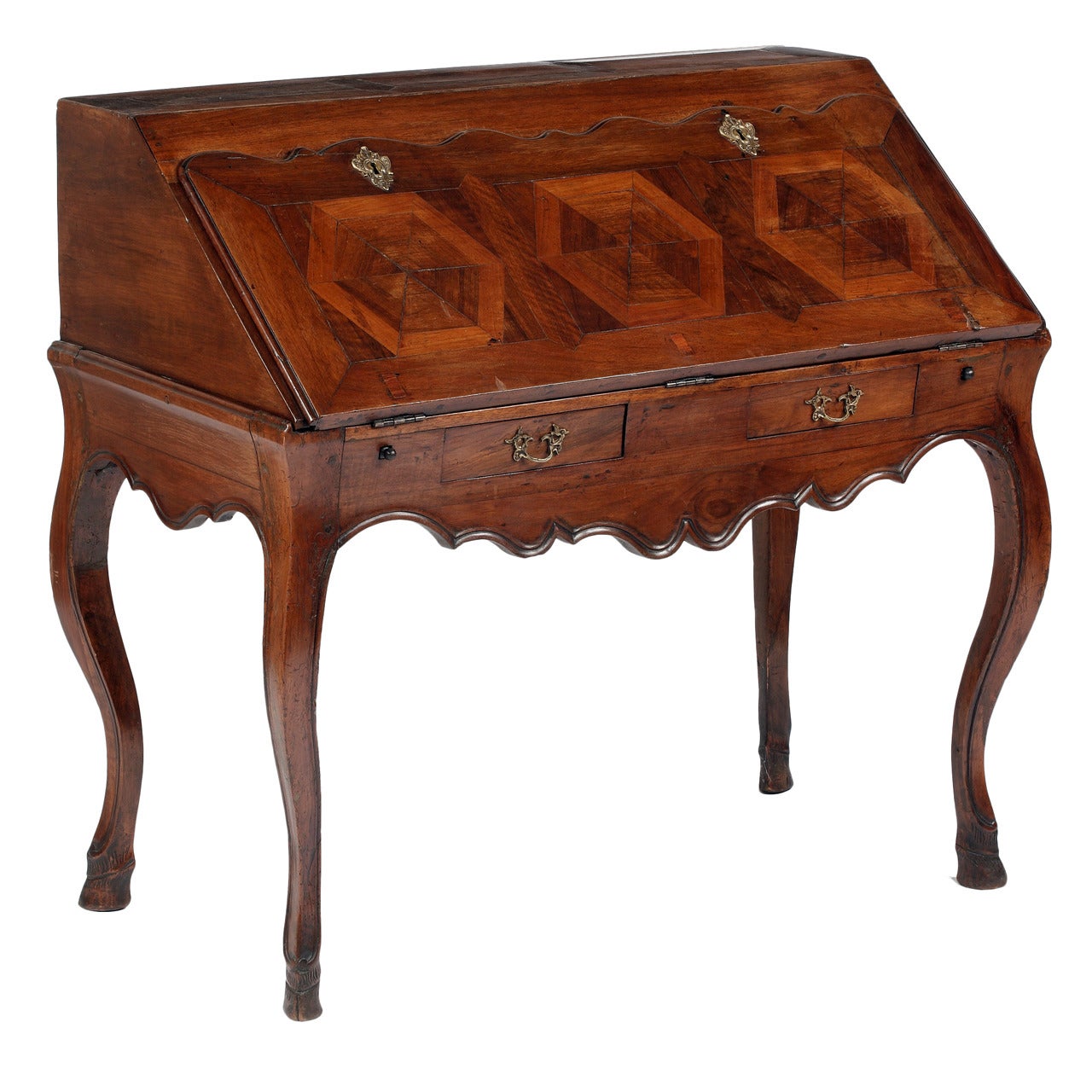 Seltener Louis XV-Schreibtisch aus Nussbaumholz und Parkett mit schräger Front auf Cabriole-Beinen im Angebot