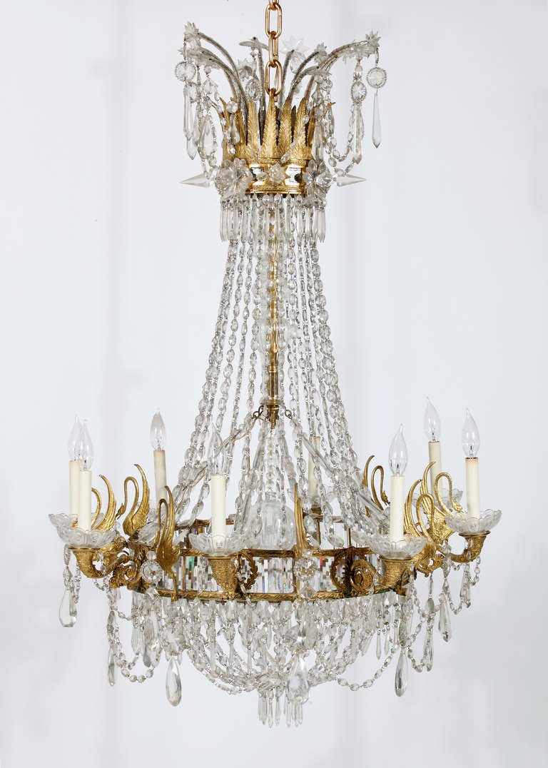 An Important 19th Century Neoclassic 
Gilt Bronze & Crystal Chandelier 
Russian 19th Century
 Eight light chandelier with gilt bronze swans

Height 48 in.  Diameter 36 in. 

Provenance:
The Ambassador to the Netherlands, Lenox